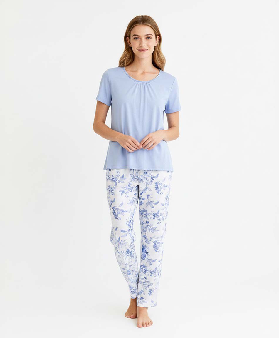 Pijama mujer pantal&oacute;n floreado azul