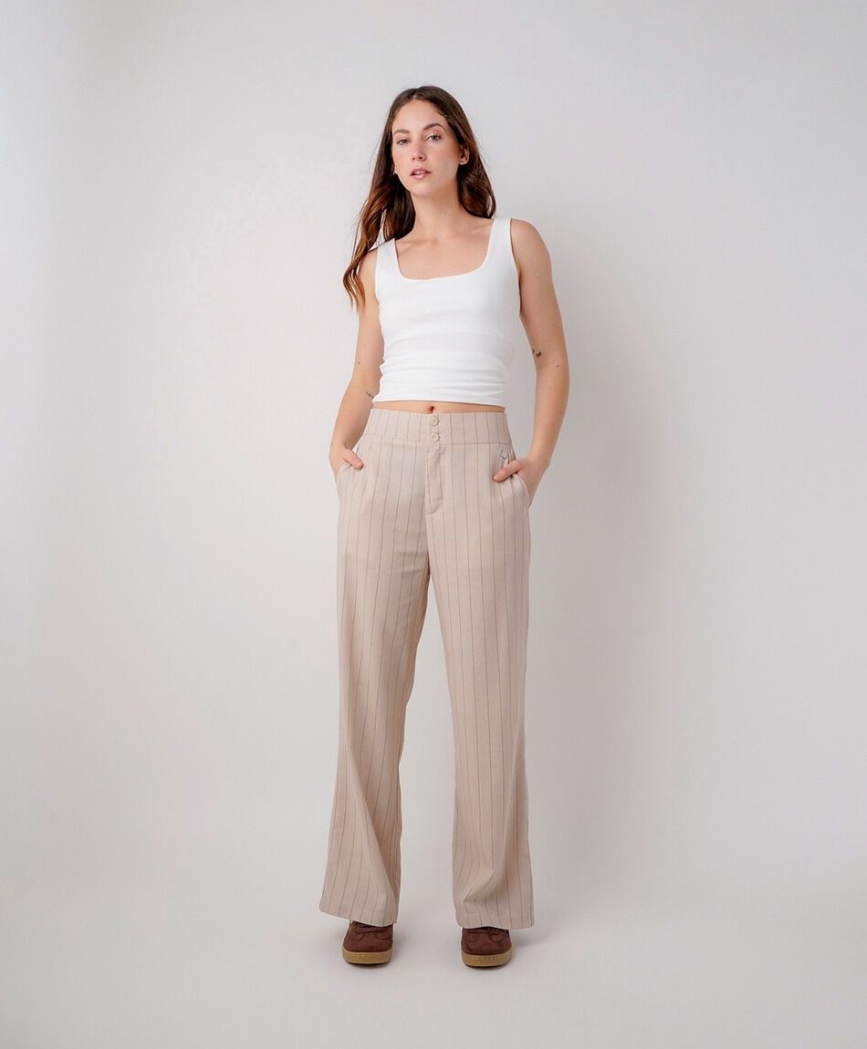 Pantal&oacute;n mujer listado doble bot&oacute;n lino