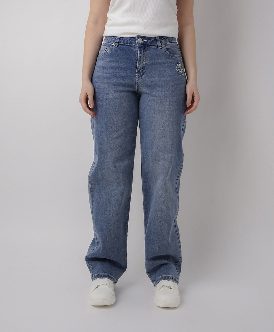 Jeans mujer straight orquídea bordada