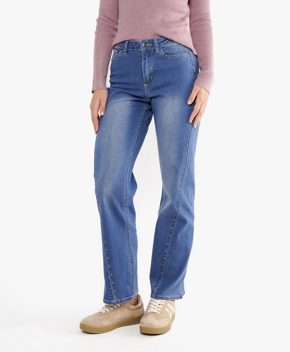 Jeans mujer wide leg denim tachas diagonal