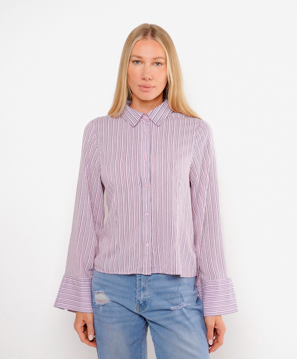 Camisa mujer lineas manga ancha rosada