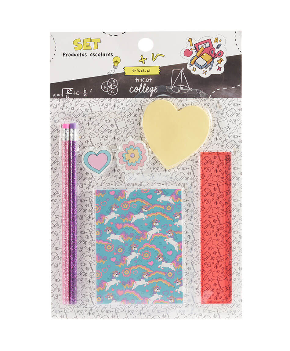 Set libreta + l&aacute;pices escolar unicornio