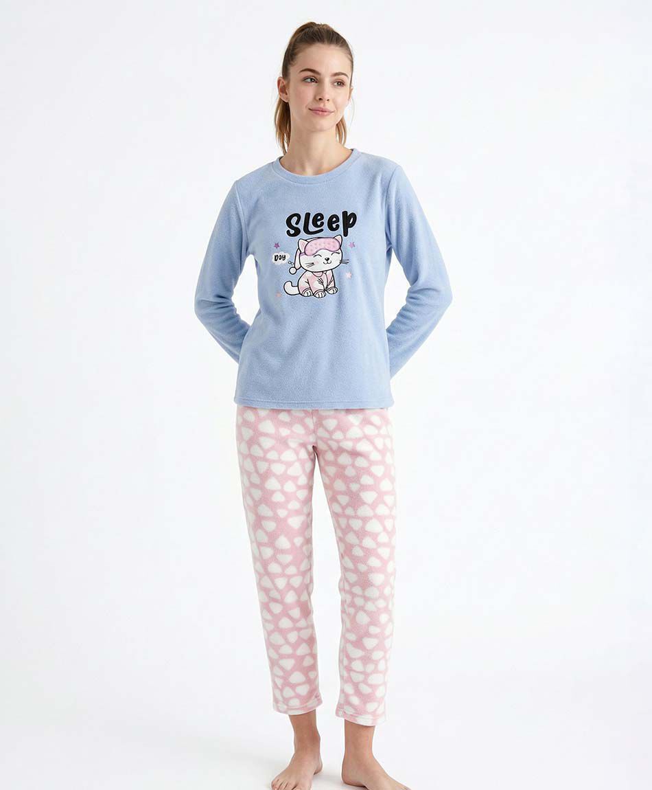 Pijama mujer polar gatito y nubes