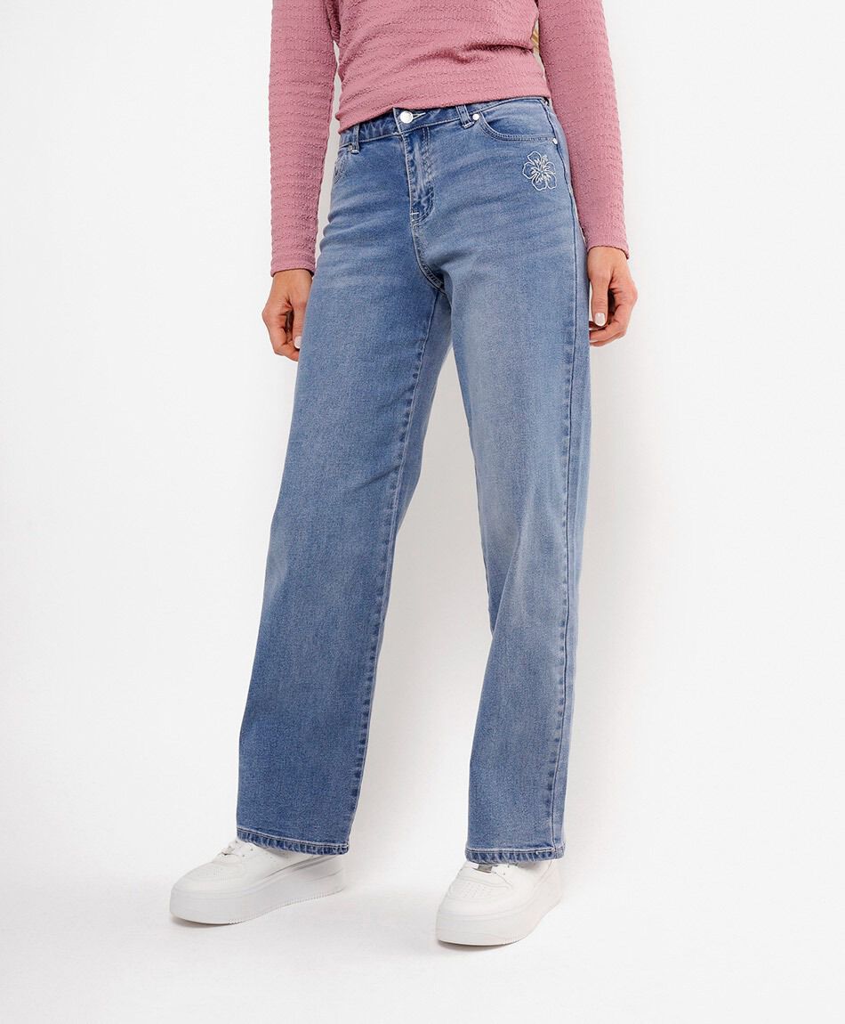 Jeans mujer straight orqu&iacute;dea bordada