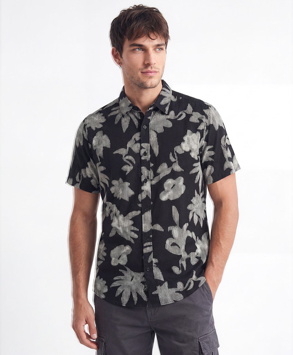 Camisa hombre lino floral lineal