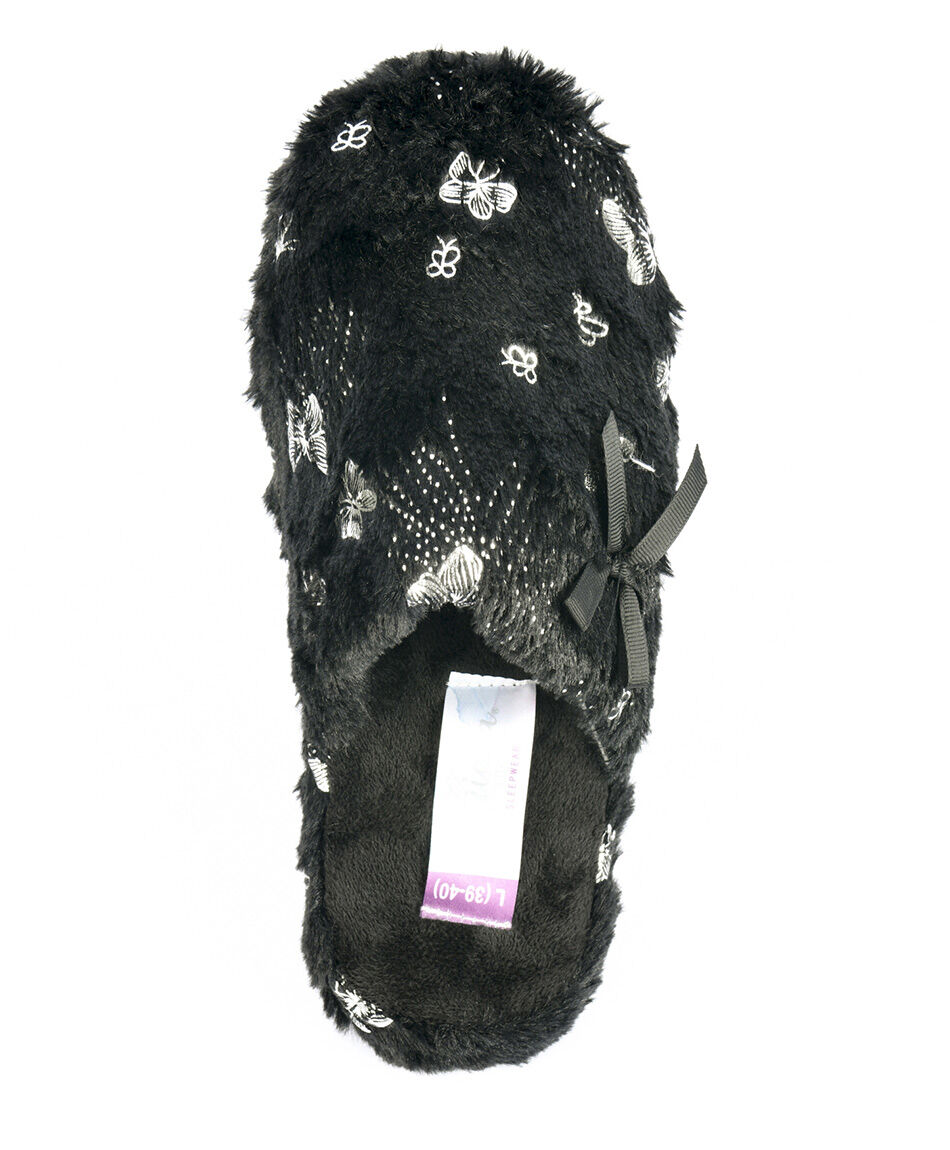 Pantufla mujer brillos mariposas negra