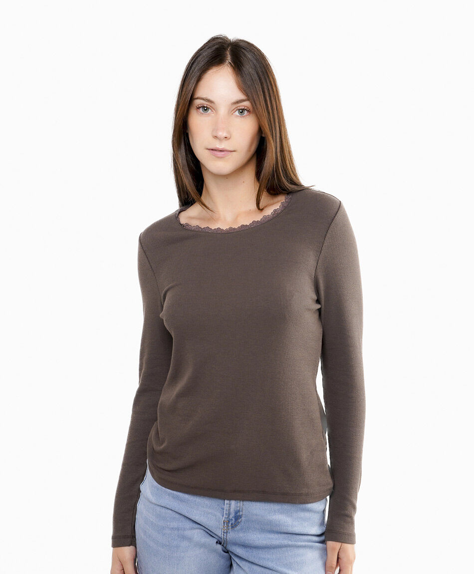 Remera mujer manga larga rib con encaje
