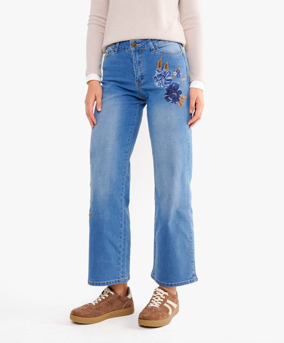 Jeans mujer wide leg bordado floral