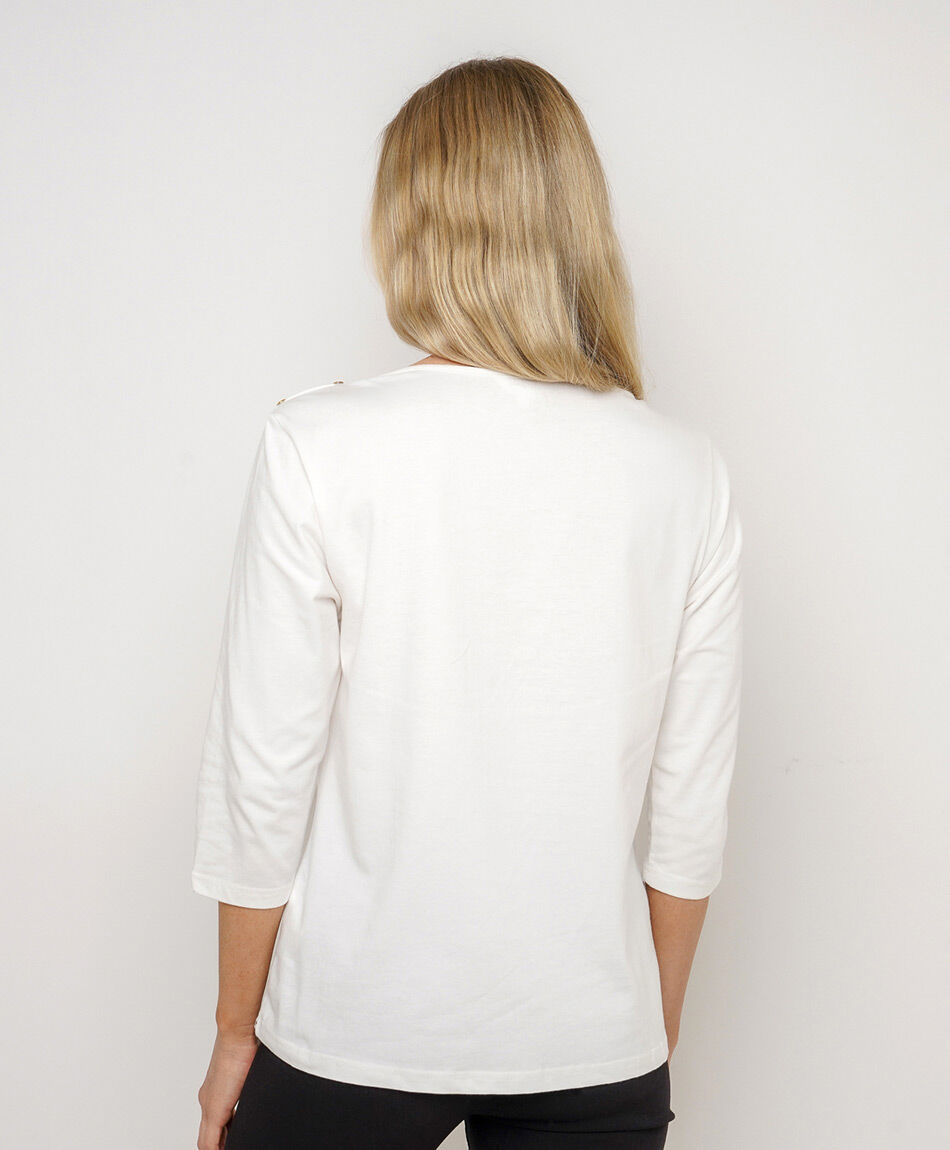 Remera mujer cuello bote botones blanca