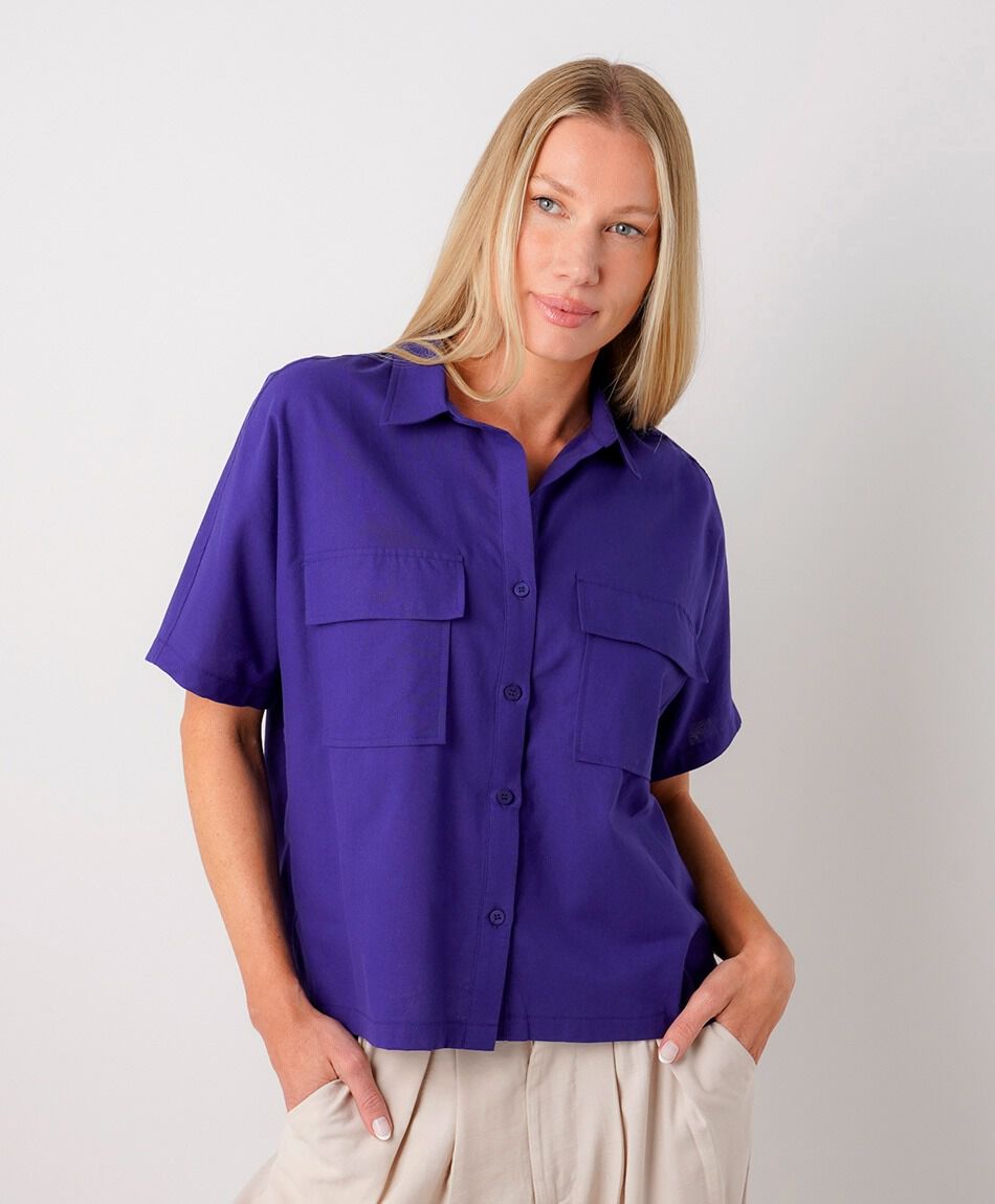 Camisa mujer lino morada bolsillos