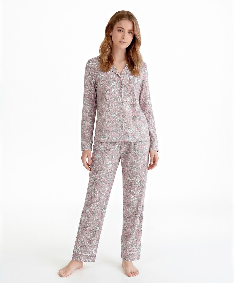Pijama mujer camisero print floreado rosado