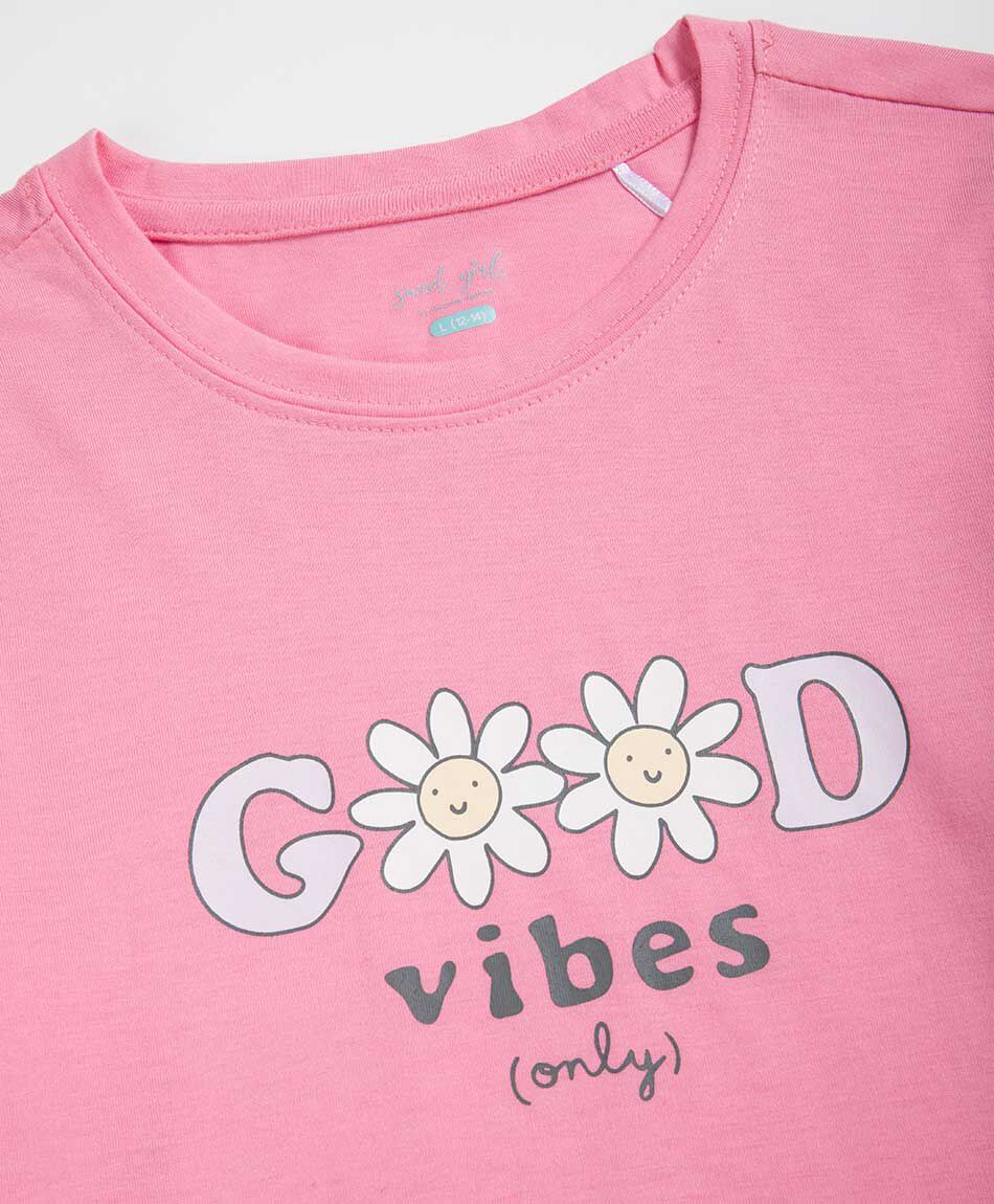 Remera ni&ntilde;a good vibes rosa