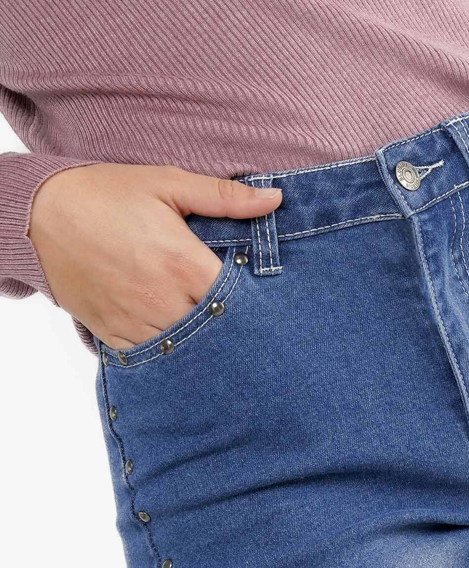 Jeans mujer wide leg denim tachas diagonal