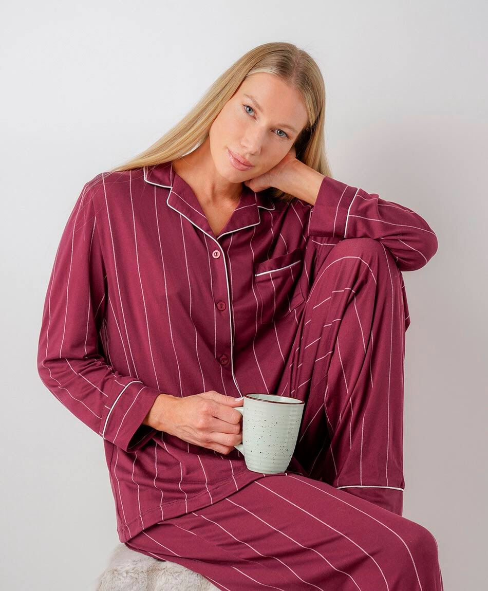 Pijama mujer camisero rayado burdeo