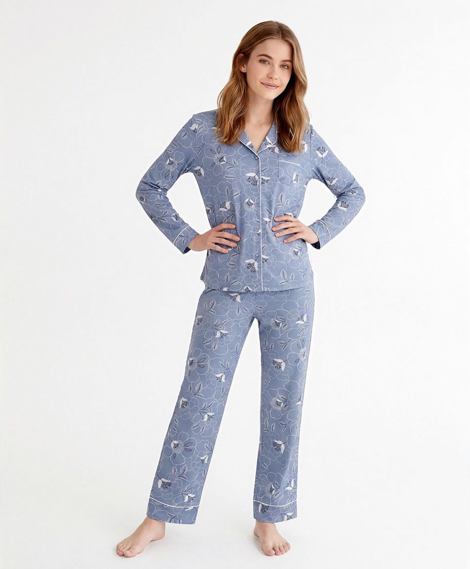 Pijama mujer camisero floreado azul