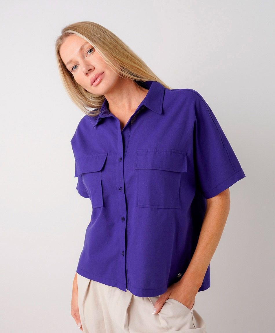 Camisa mujer lino morada bolsillos