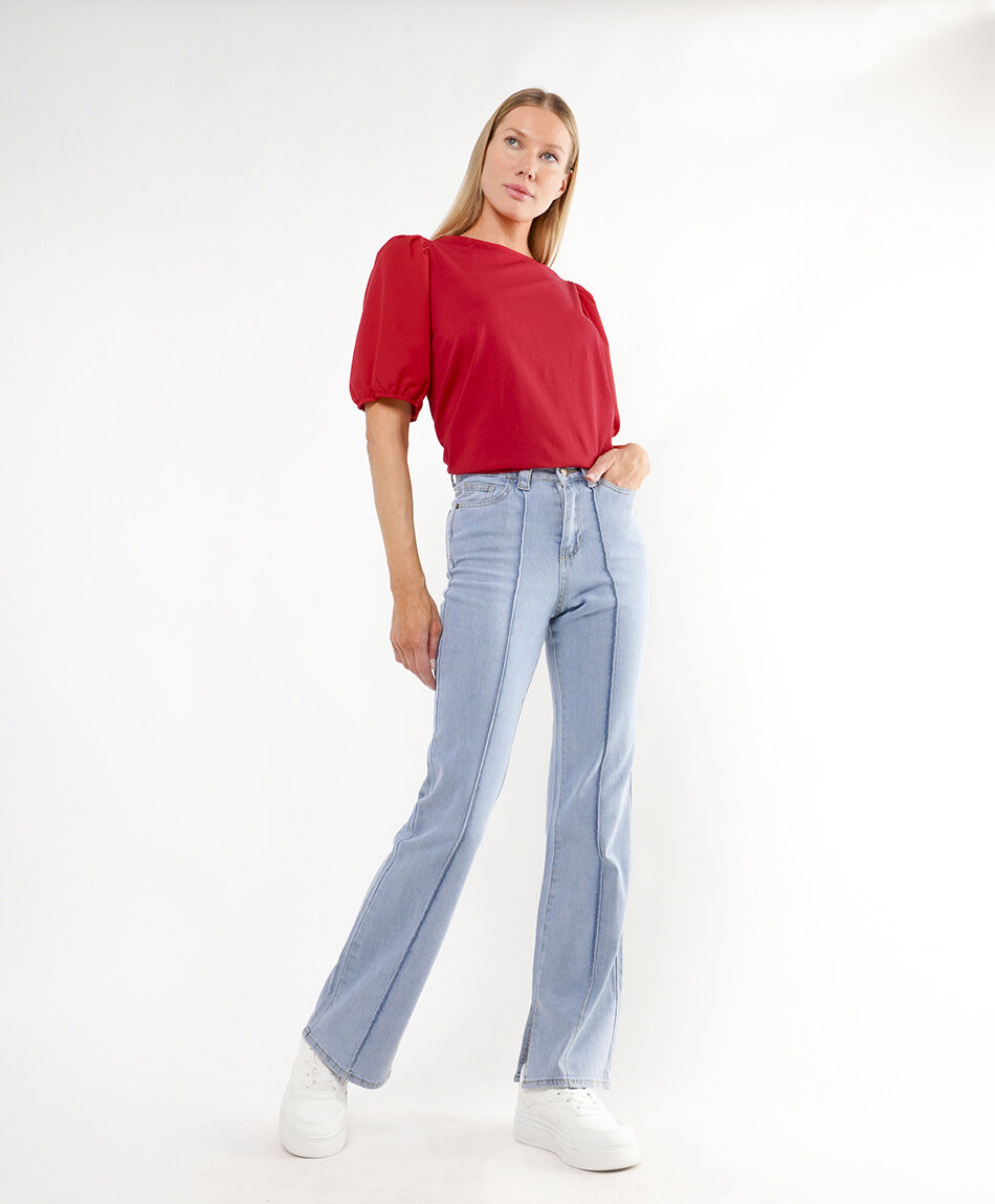 Jeans mujer pliegues frontales flare