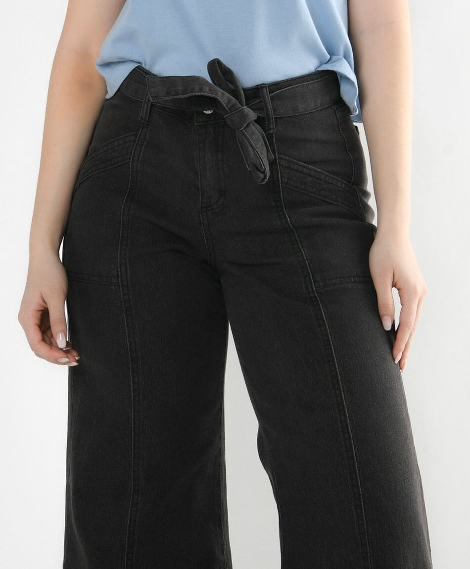 Jeans mujer wide leg costuras negro