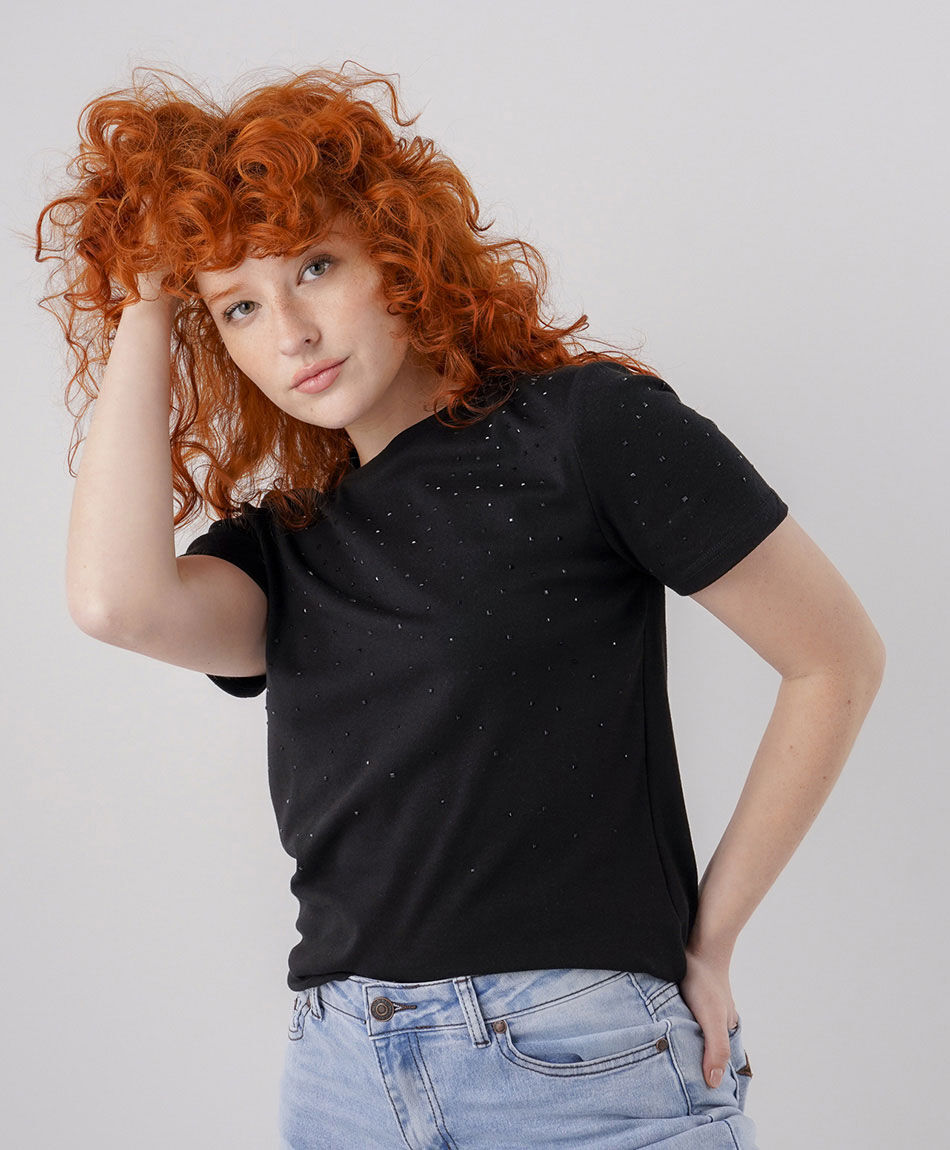 Remera mujer brillos negra