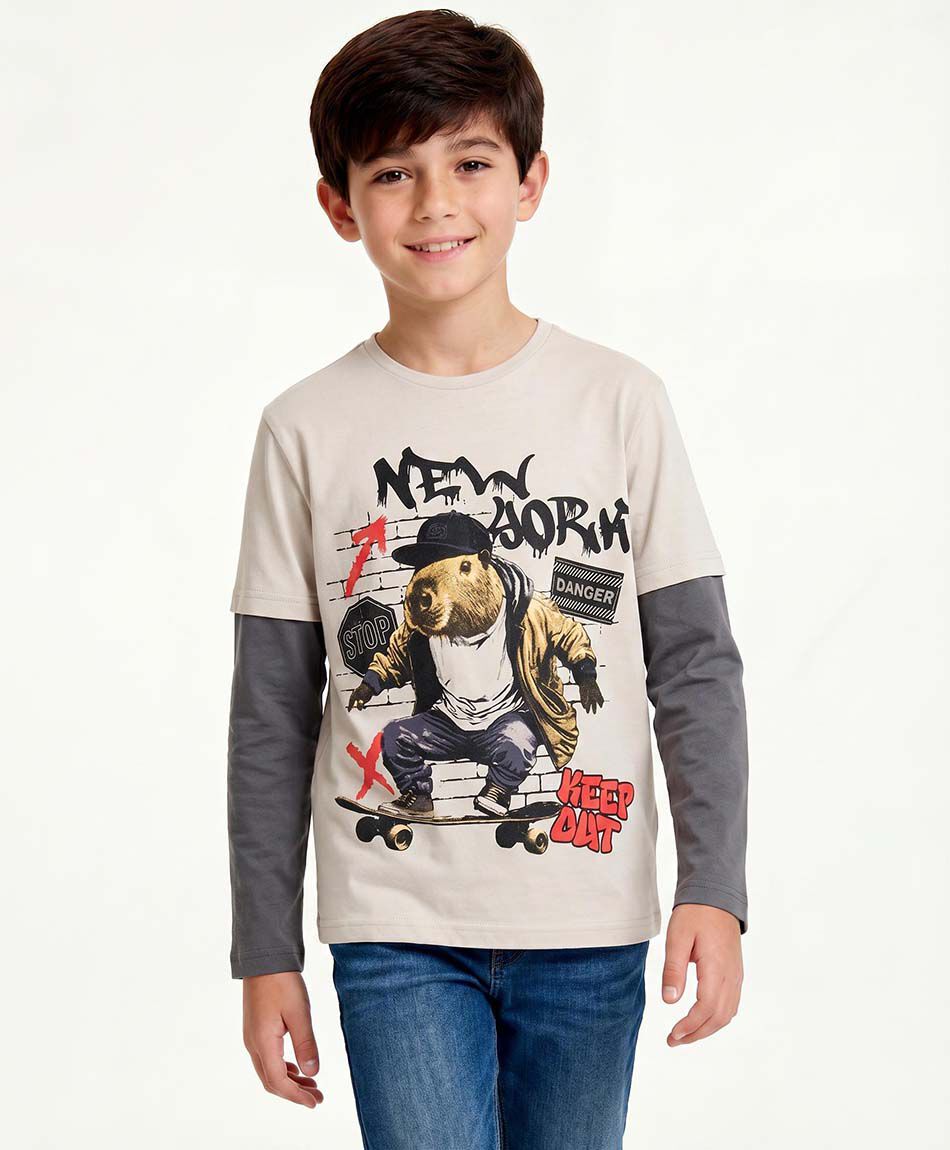 Remera ni&ntilde;o manga larga capibara skate