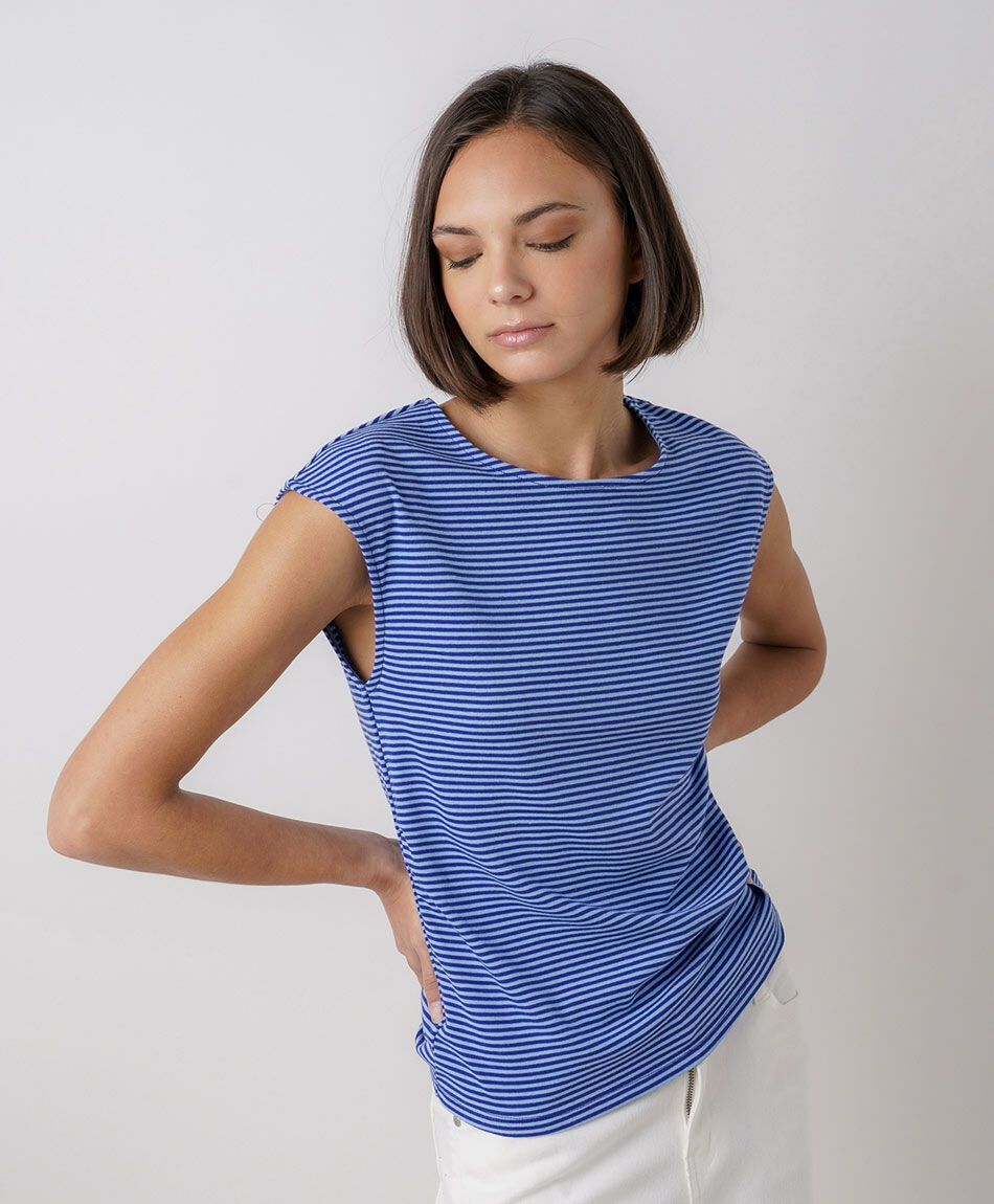 Remera mujer listada manga mini azul