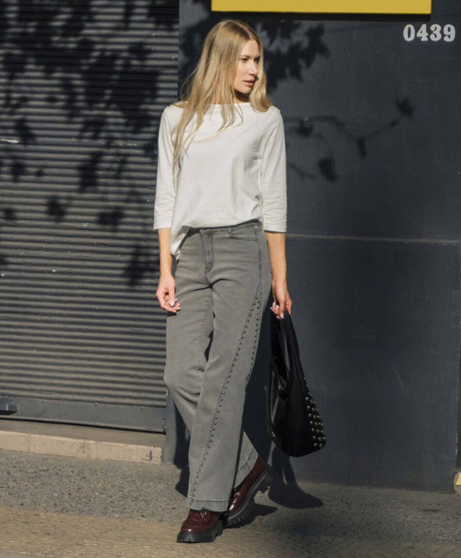 Jeans mujer wide leg tachas grey