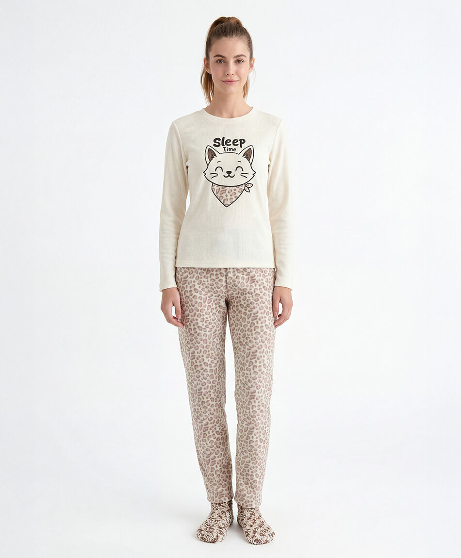 Pack pijama + calcetines mujer polar cat