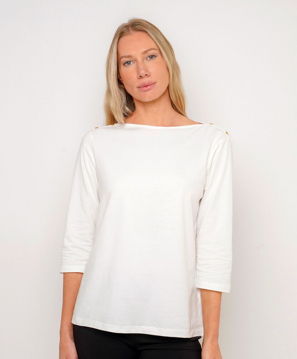 Polera mujer cuello bote botones blanca