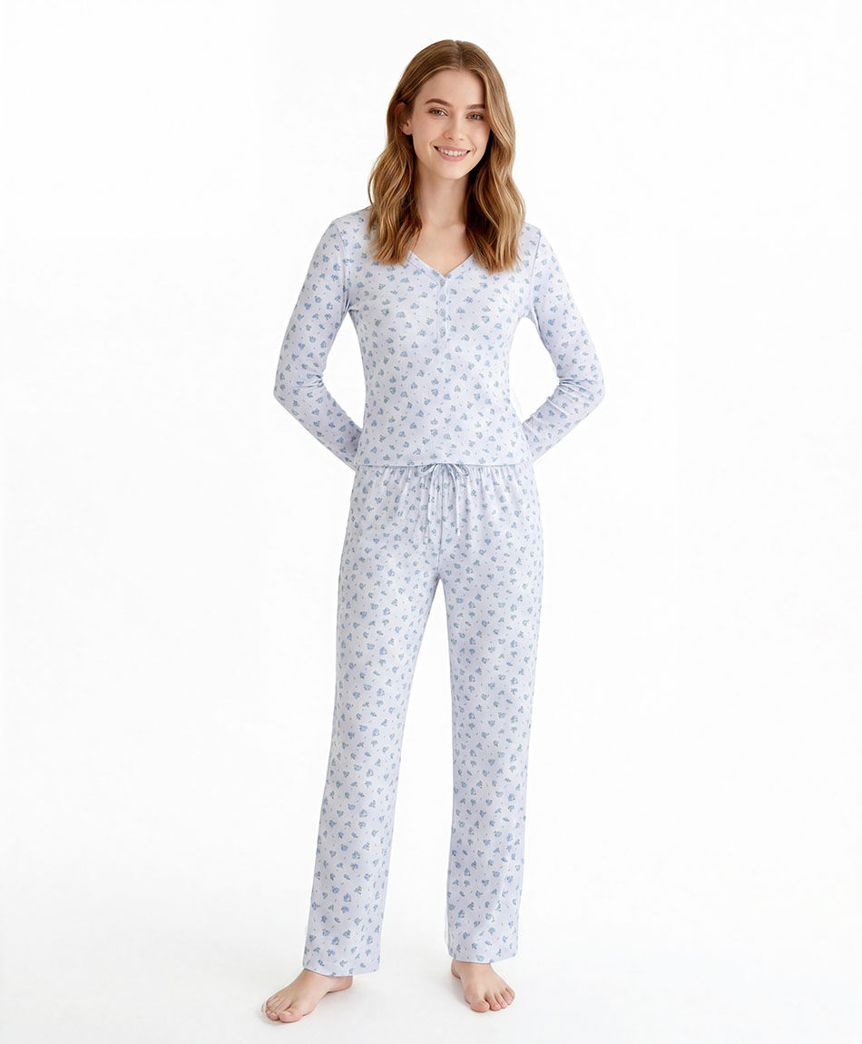 Pijama mujer acanalado florcitas azul