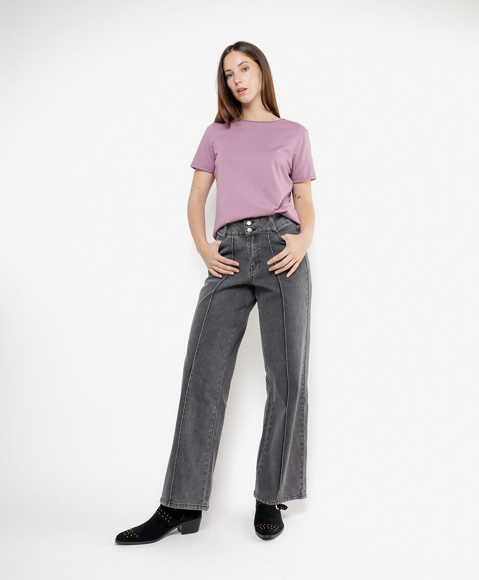 Jeans mujer wide leg gris costuras