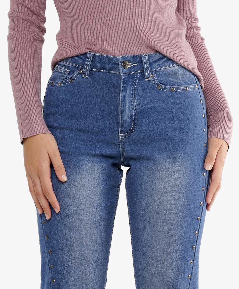 Jeans mujer wide leg denim tachas diagonal