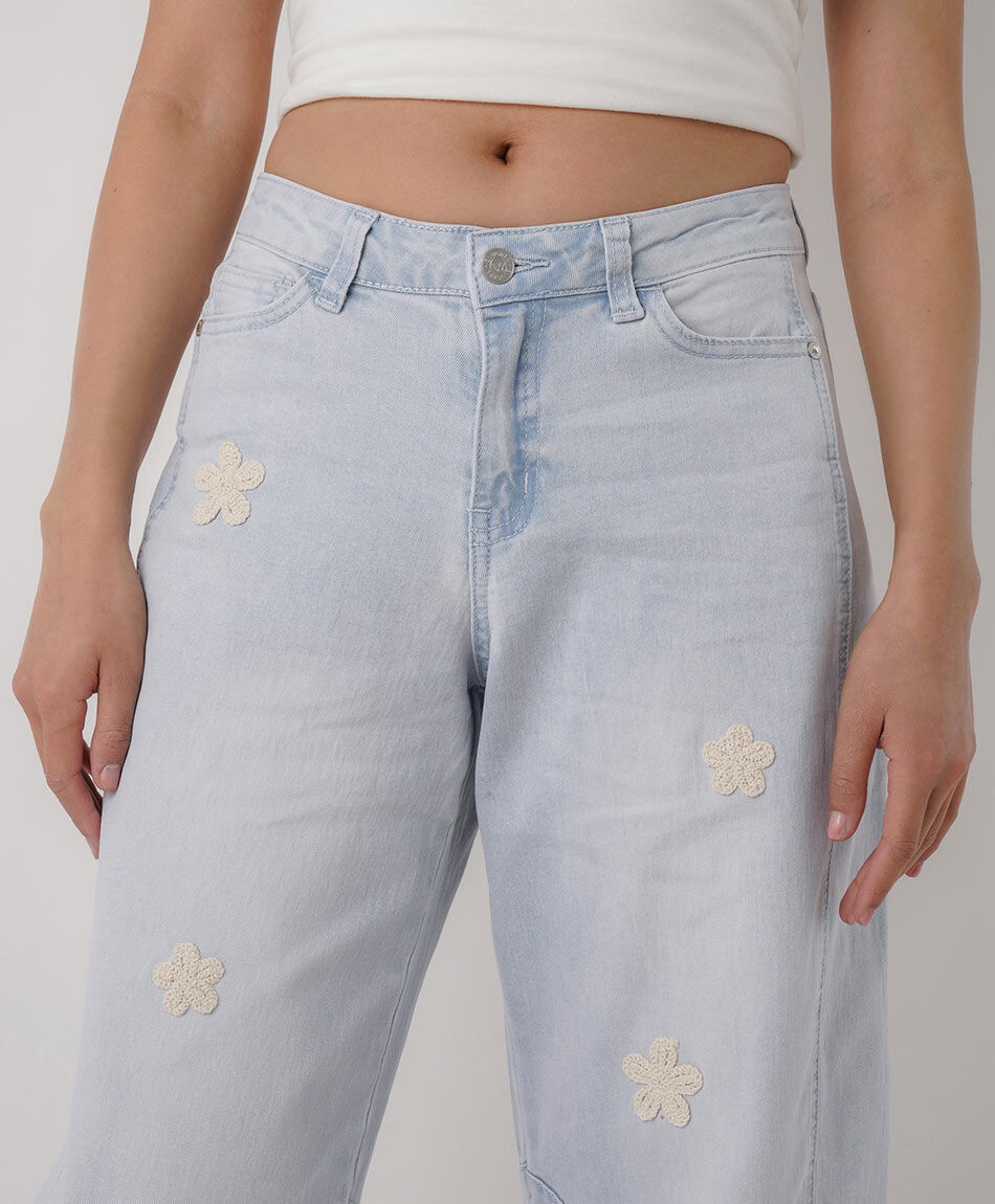 Jeans mujer wide leg flores crochet