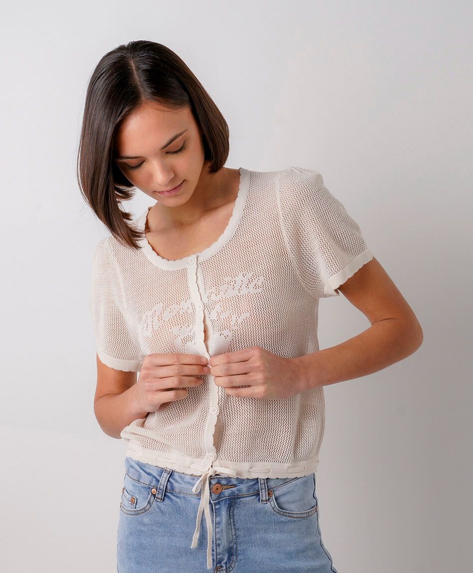 Cardigan mujer calado lazo beige