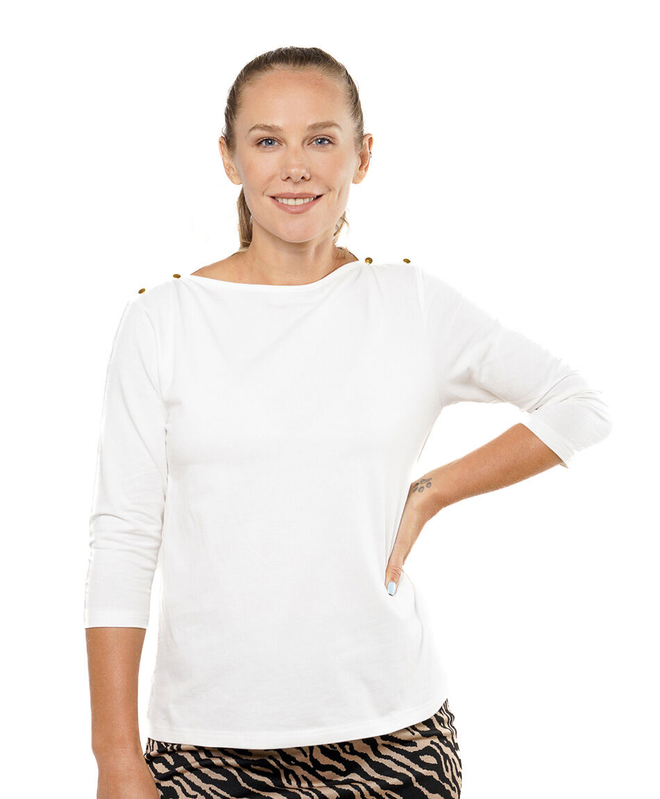 Remera mujer cuello bote botones blanca