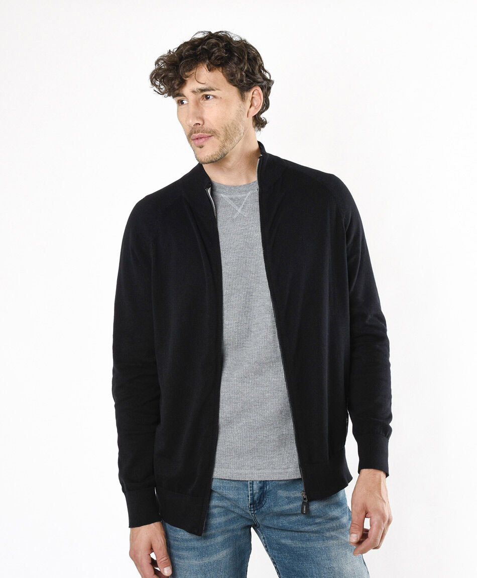 Sweater hombre liso negro cierre