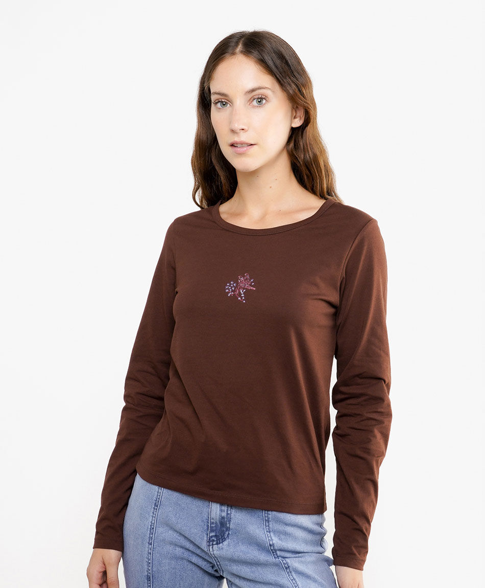 Remera mujer pajaros bordados