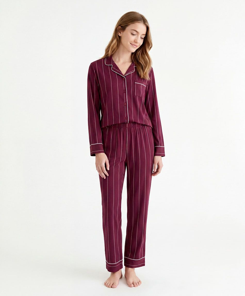 Pijama mujer camisero rayado burdeo