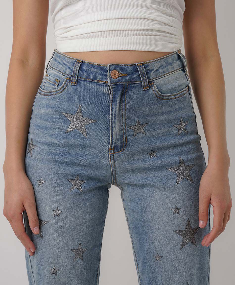 Jeans mujer wide leg estrellas brillantes