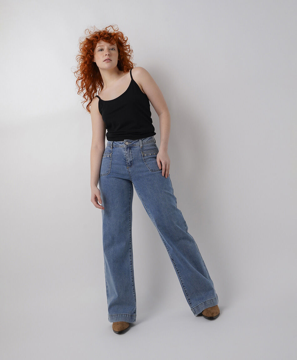 Jeans mujer wide leg bolsillo parche