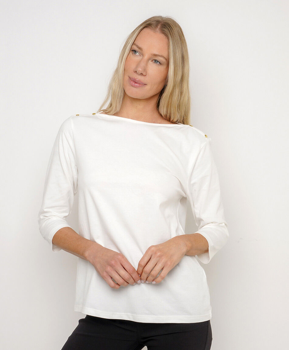 Remera mujer cuello bote botones blanca
