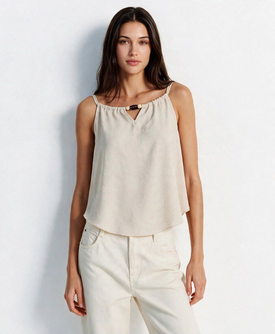Blusa mujer top pabilo borlas beige