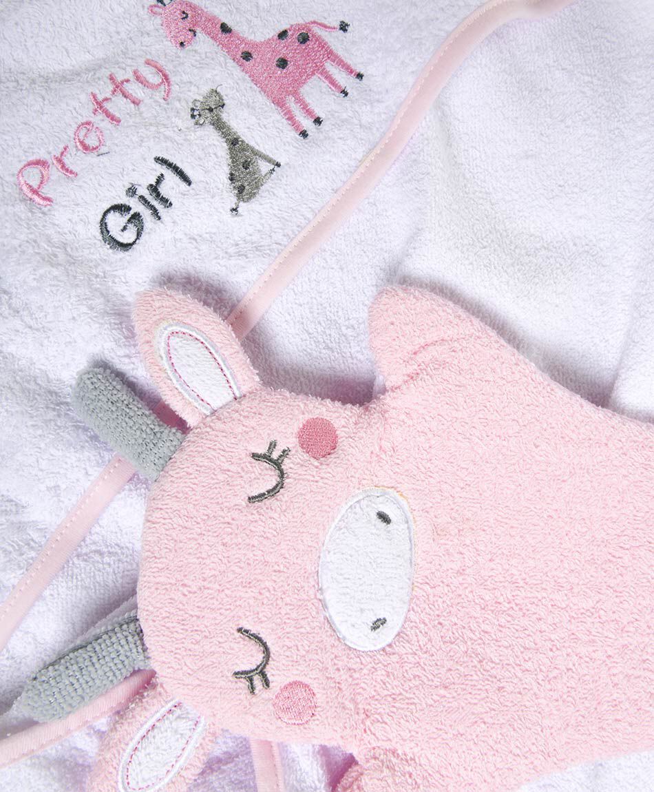 Pack toalla + guante beb&eacute; rosado