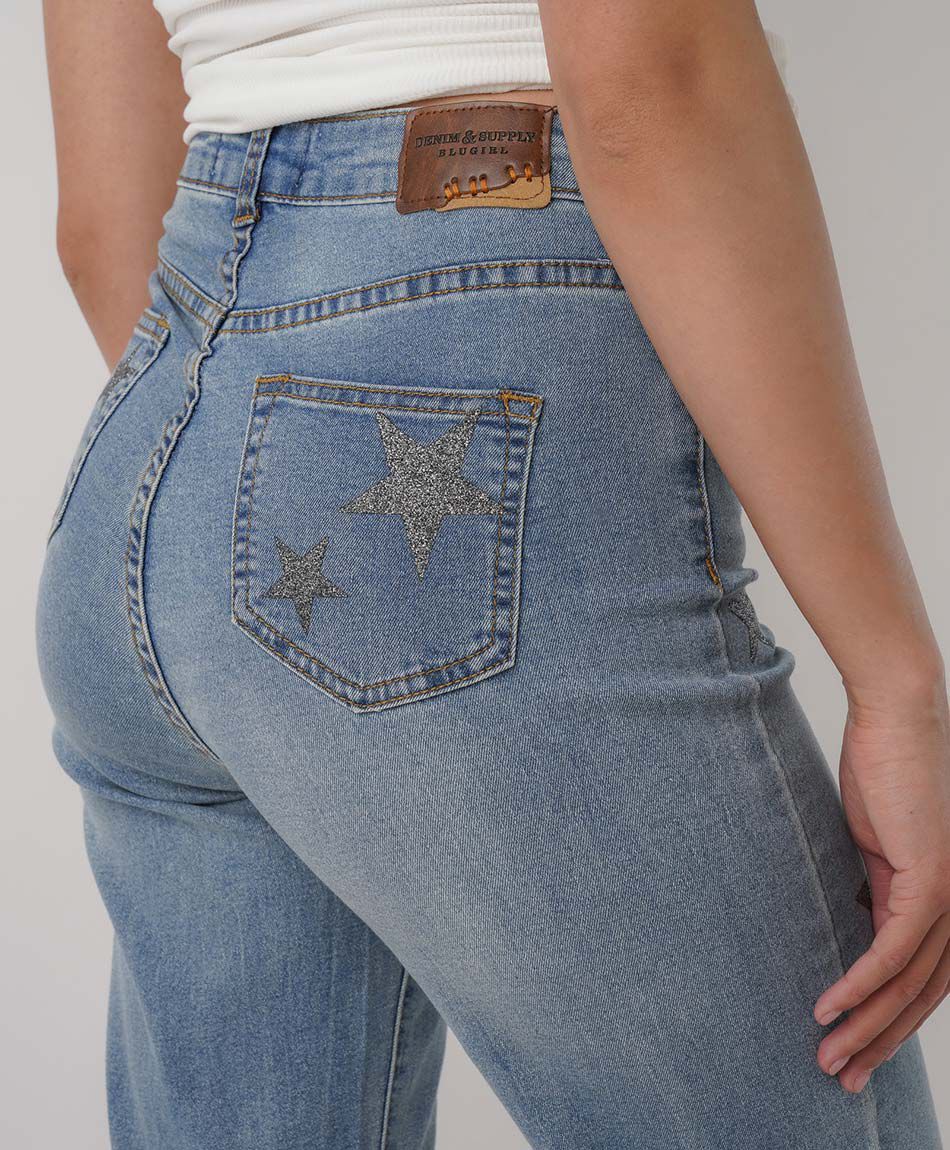 Jeans mujer wide leg estrellas brillantes