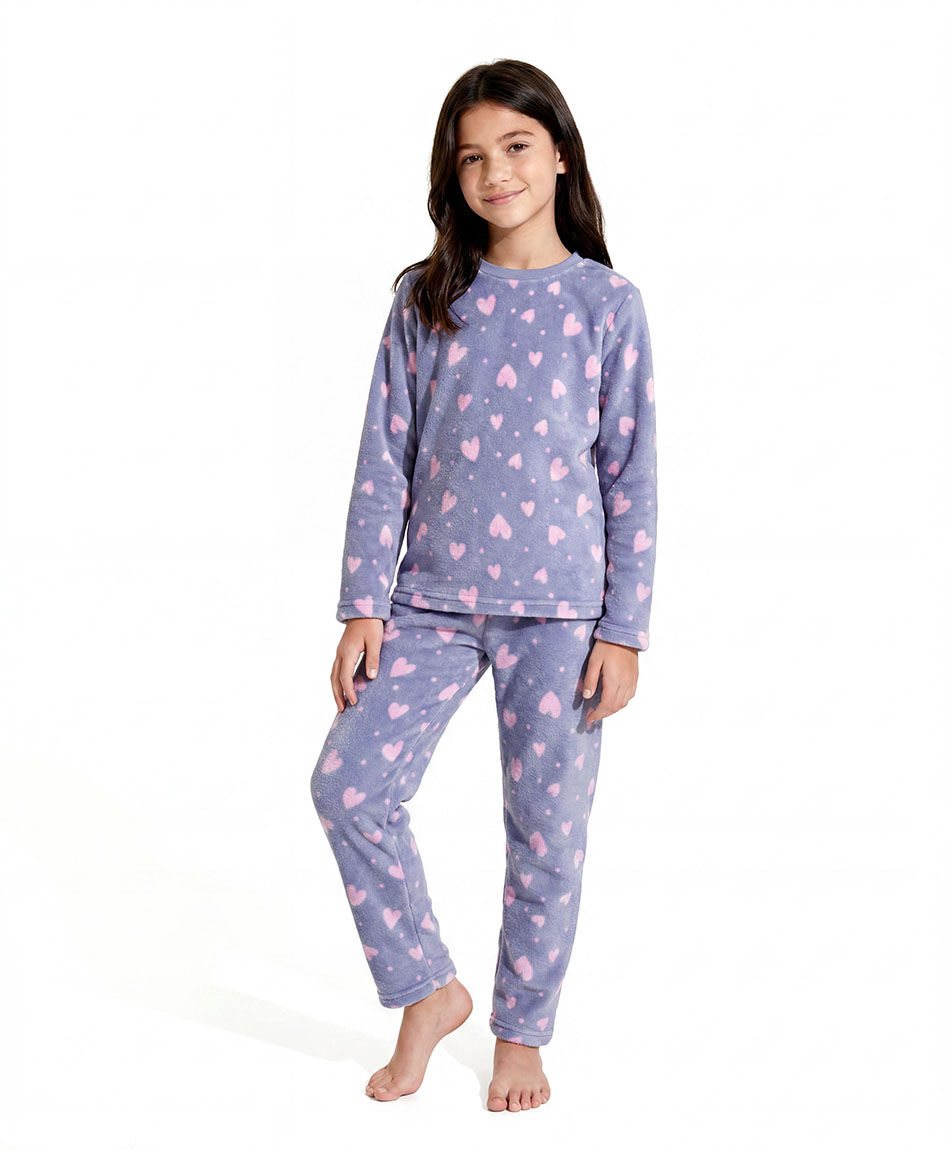 Pijama ni&ntilde;a coral  corazones morado