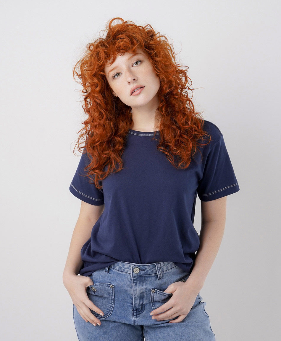 Remera mujer azul l&iacute;neas mangas