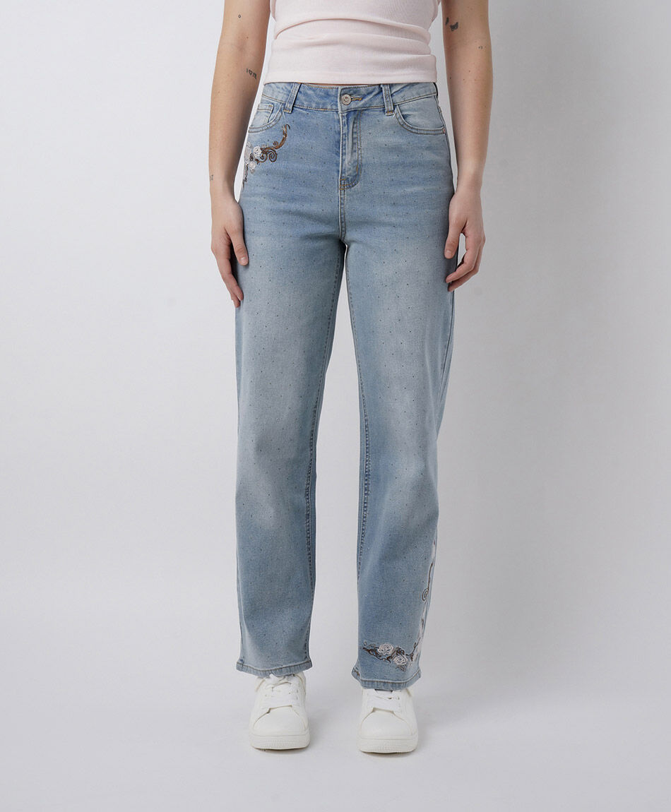 Jeans mujer straight flores brillos