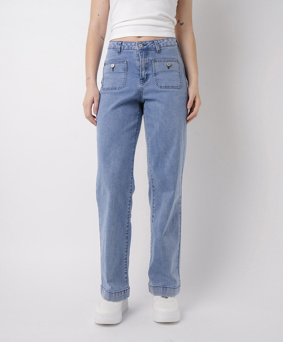 Jeans mujer straight bolsillo bot&oacute;n