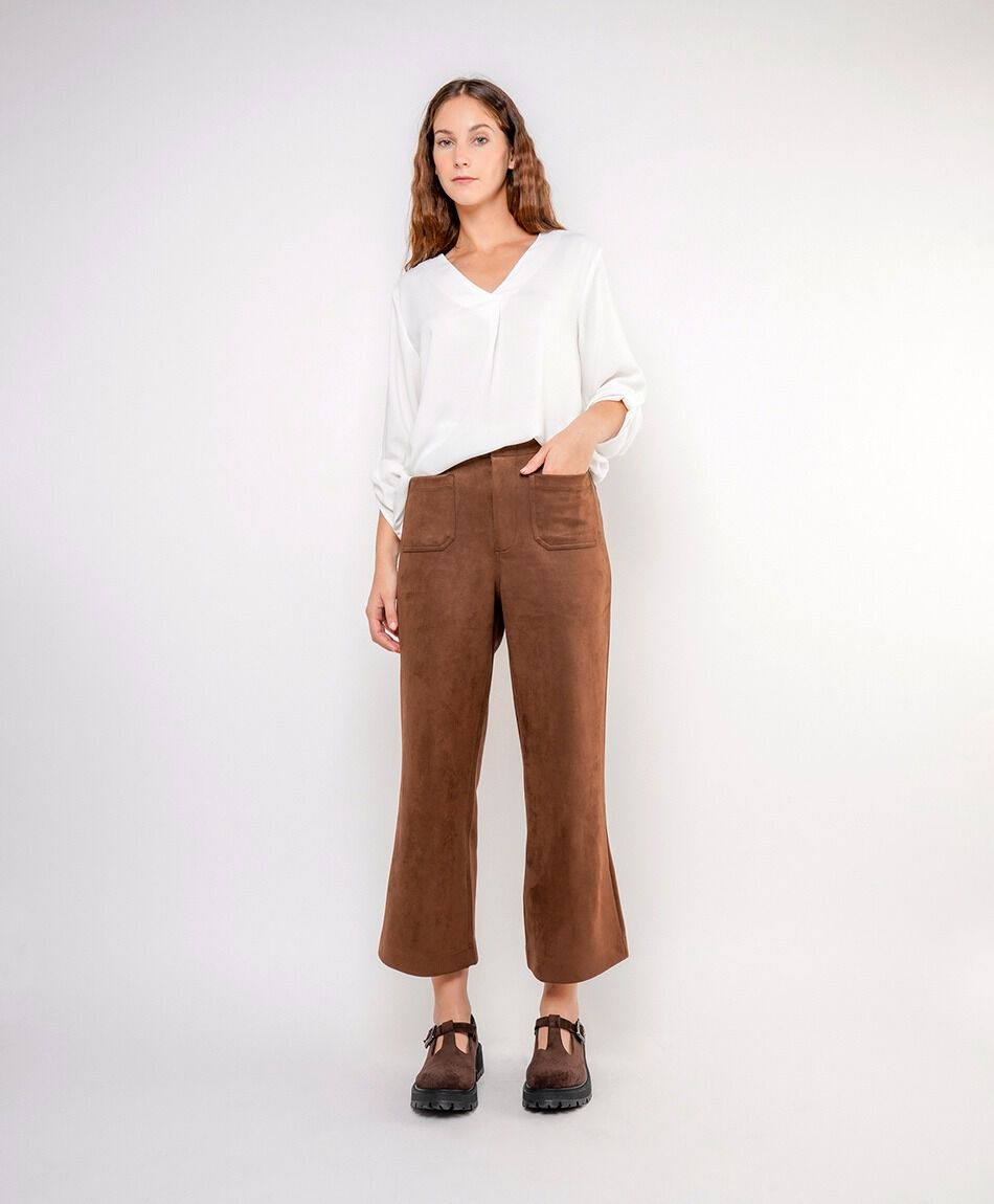 Pantal&oacute;n mujer suede caf&eacute; recto
