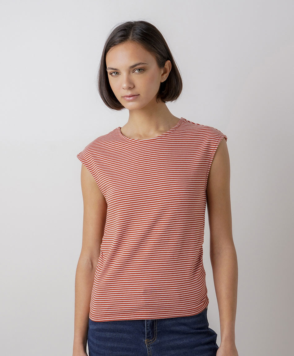 Remera mujer listada manga mini roja