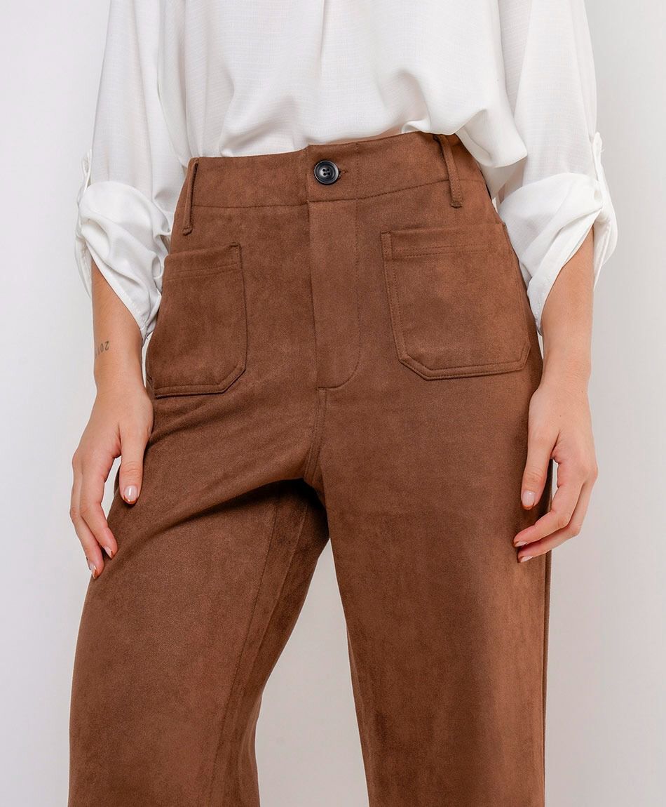 Pantal&oacute;n mujer suede caf&eacute; recto